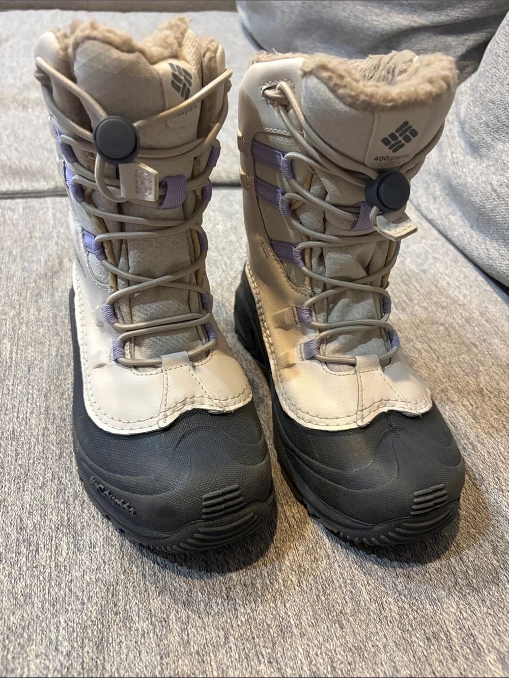 Columbia Kids Snow Boots in Light Gray, Black & Lavender